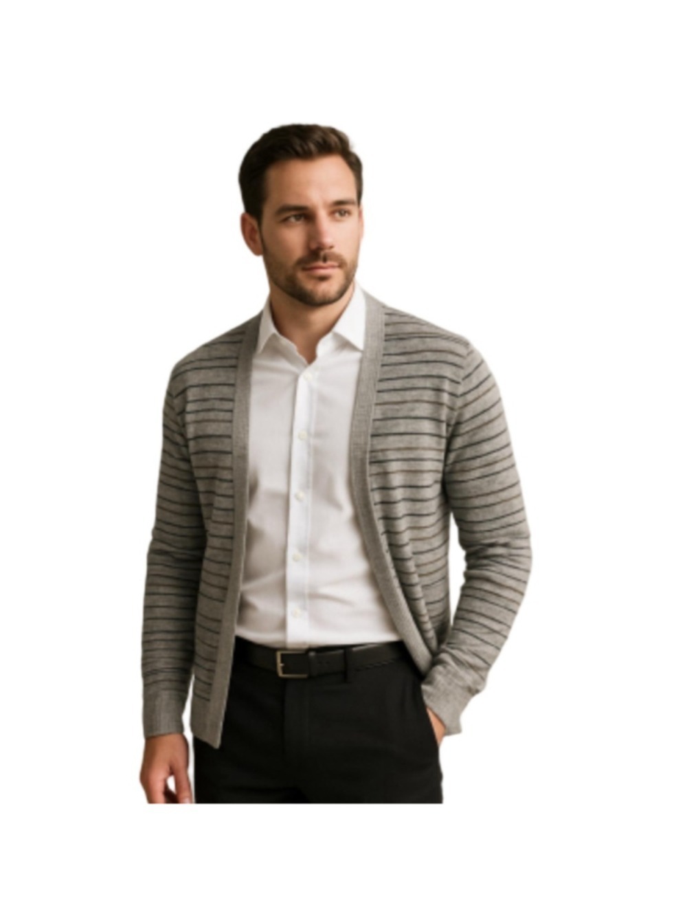 All Saints 100% Linen Open Front Cardigan Sweater Gray Stripe Men's L